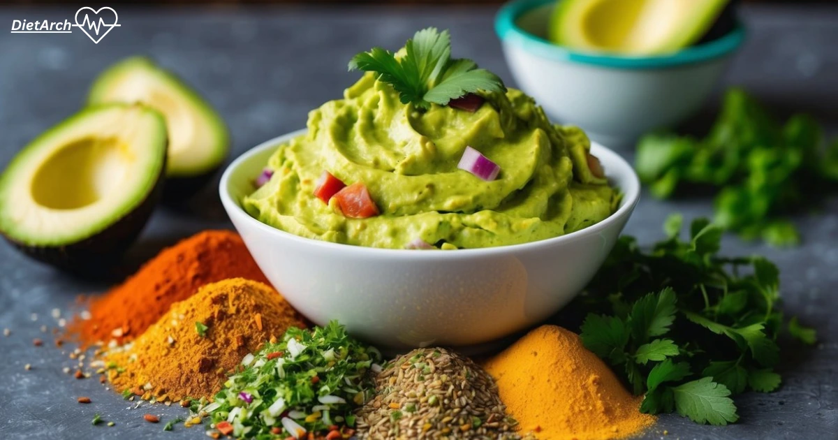 Best Guacamole recipe: Essential for Perfect Flavor Balance 3 A bowl of guacamole surrounded by vibrant spices and herbs