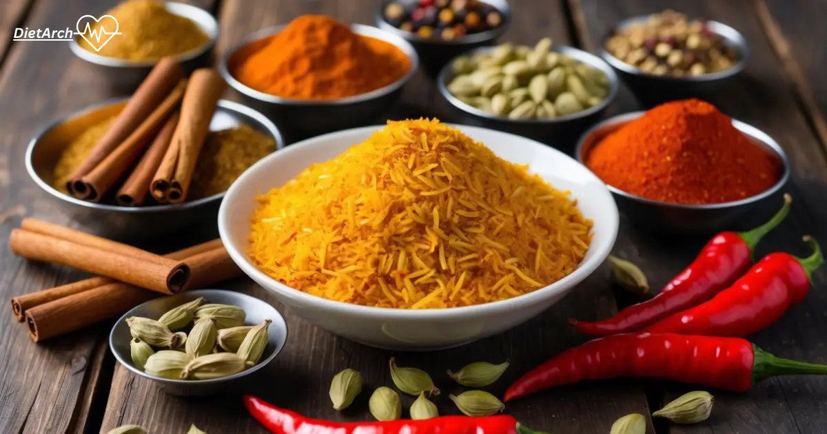 Biryani Spices for a perfect recipe 2 A vibrant array of biryani spices, including cinnamon sticks, cardamom pods, and vibrant red chili peppers, spread out on a rustic wooden table