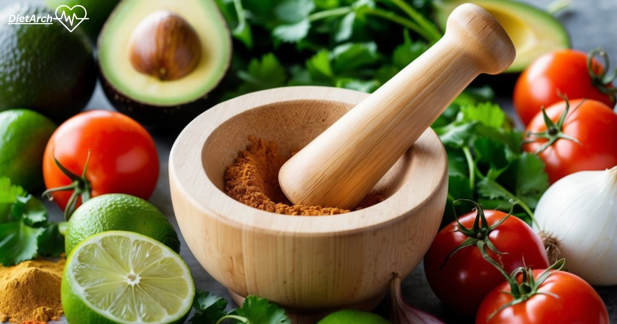 Best Guacamole recipe: Essential for Perfect Flavor Balance 2 A wooden mortar and pestle surrounded by fresh avocados, tomatoes, onions, cilantro, lime, and various spices like cumin and chili powder