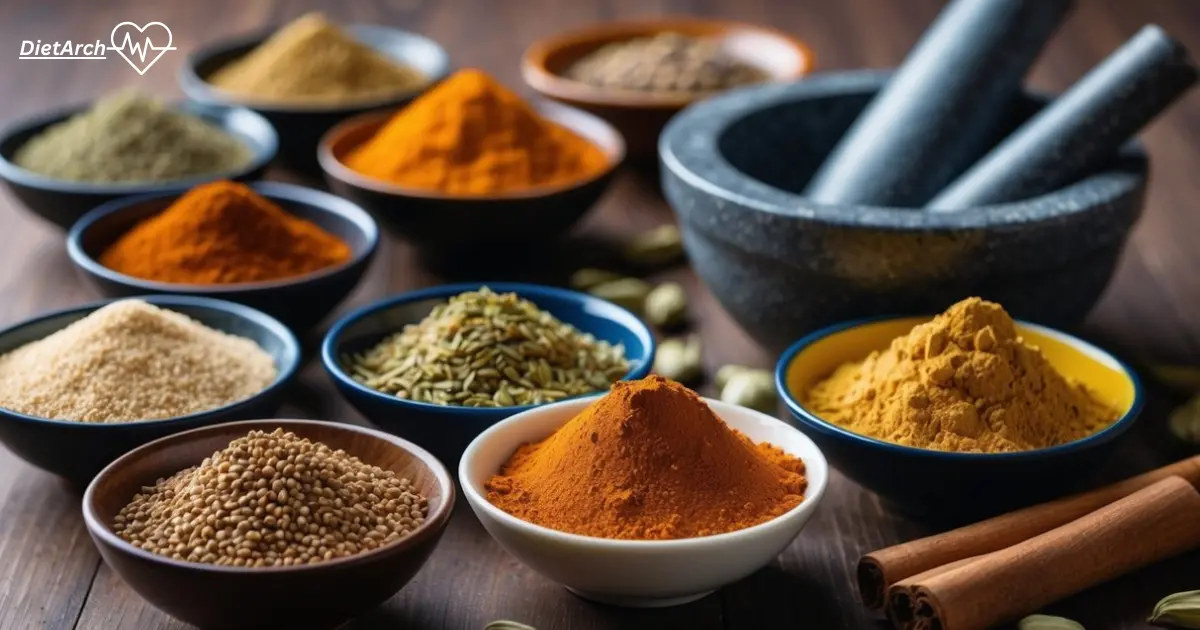 Biryani Spices for a perfect recipe 3 A variety of colorful spices arranged in small bowls, including cumin, coriander, cardamom, and cinnamon, with a mortar and pestle nearby