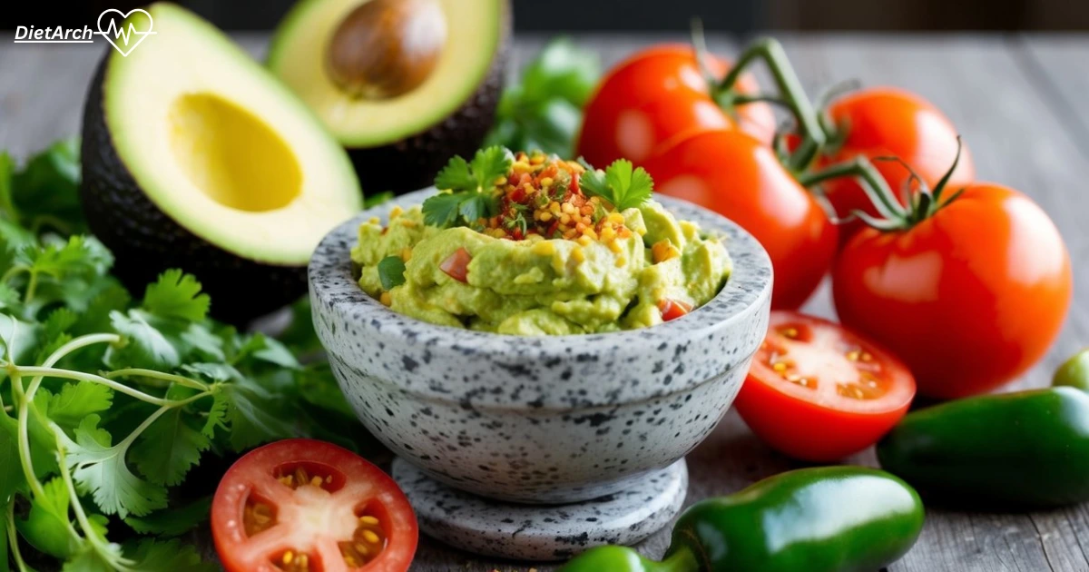 Best Guacamole recipe: Essential for Perfect Flavor Balance 4 Fresh avocados, ripe tomatoes, vibrant cilantro, and zesty jalapeños surround a mortar and pestle filled with guacamole spices