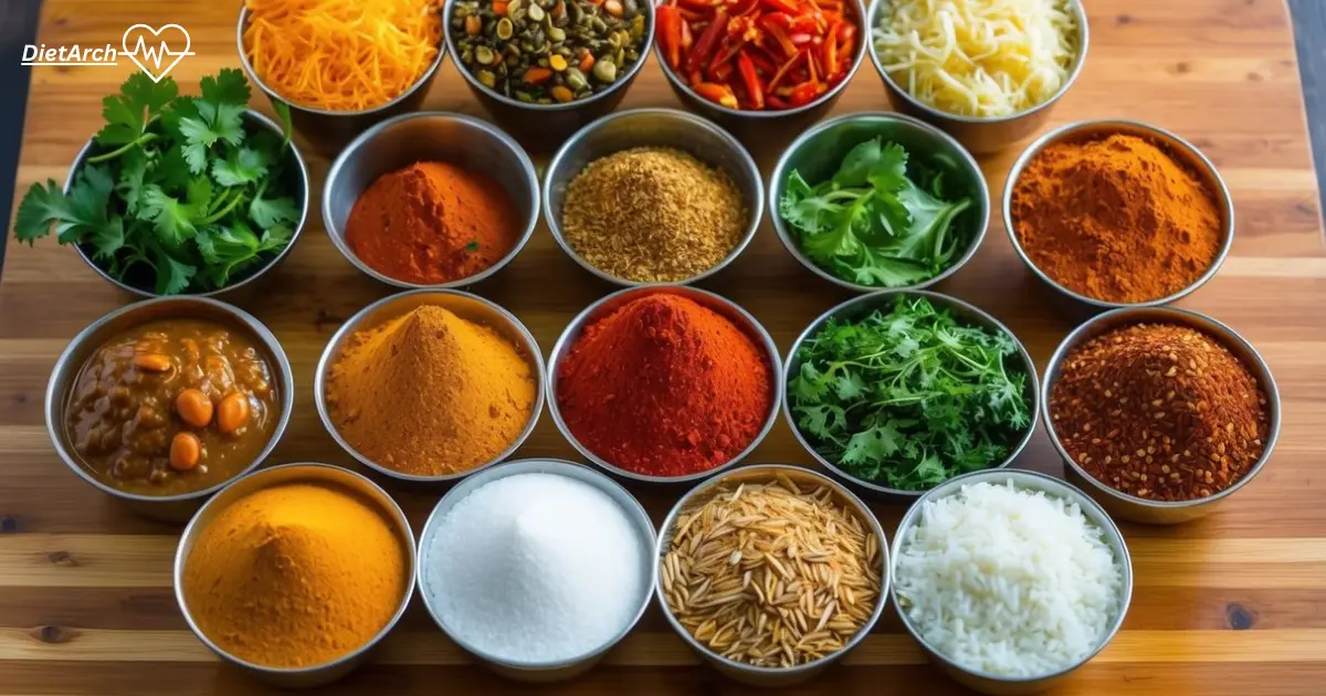 Biryani Spices for a perfect recipe 7 A colorful array of biryani spices and ingredients arranged on a wooden cutting board