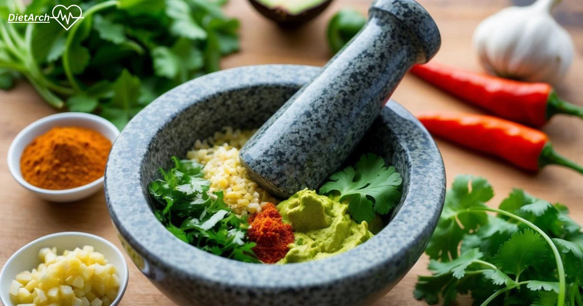 Best Guacamole recipe: Essential for Perfect Flavor Balance 5 A mortar and pestle grinds together fresh cilantro, garlic, chili peppers, and spices for a custom guacamole blend
