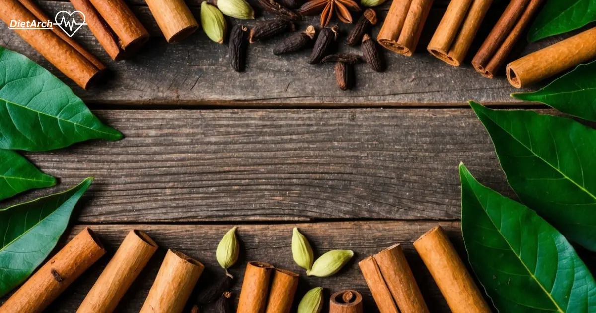 Biryani Spices for a perfect recipe 5 A variety of whole spices including cinnamon, cardamom, cloves, and bay leaves arranged on a rustic wooden surface