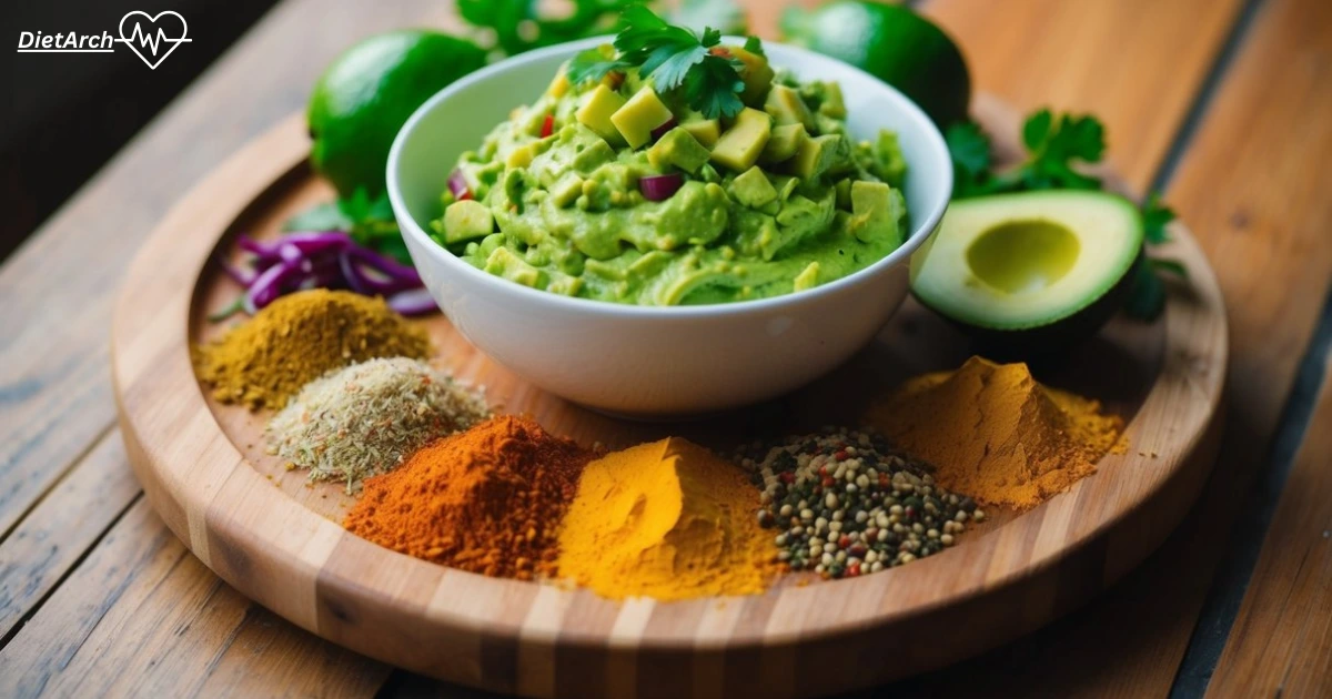 Best Guacamole recipe: Essential for Perfect Flavor Balance 6 A bowl of guacamole surrounded by vibrant spices and fresh ingredients on a wooden serving board. DietArch