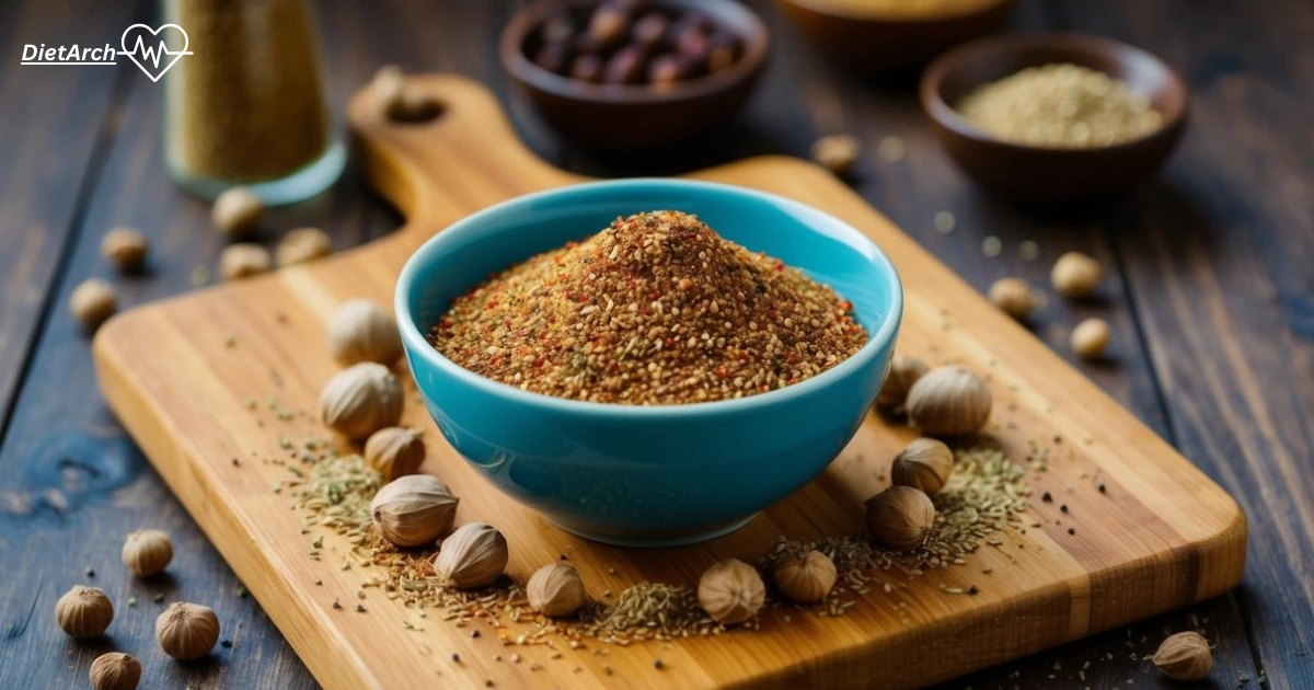 Za’atar Spices: Essential recipe for Flavor and health 4 A small bowl filled with zatar spices surrounded by scattered whole and ground spices on a wooden cutting