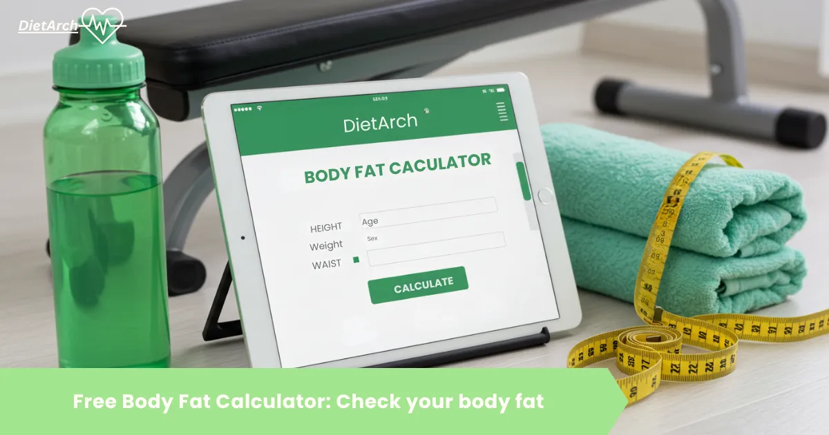 Body Fat Calculator: Complete Guide to Measuring & Improving Body Fat 1 Tablet showing DietArch body fat calculator inputs alongside fitness gear