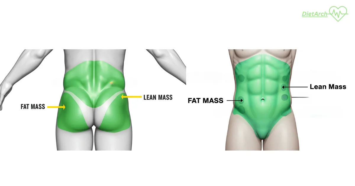 Body Fat Calculator: Complete Guide to Measuring & Improving Body Fat 2 Body silhouette highlighting fat mass in green versus lean mass in mint