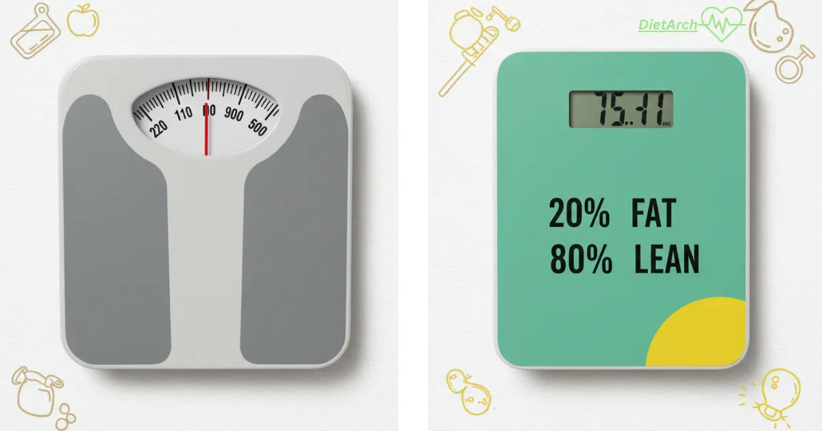 Body Fat Calculator: Complete Guide to Measuring & Improving Body Fat 3 comparison of scale weight versus body fat percentage results. Dietarch.com