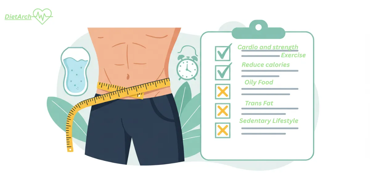 Body Fat Calculator: Complete Guide to Measuring & Improving Body Fat 5 Person measuring waist with tape and best practice checklist icons. Dietarch.com
